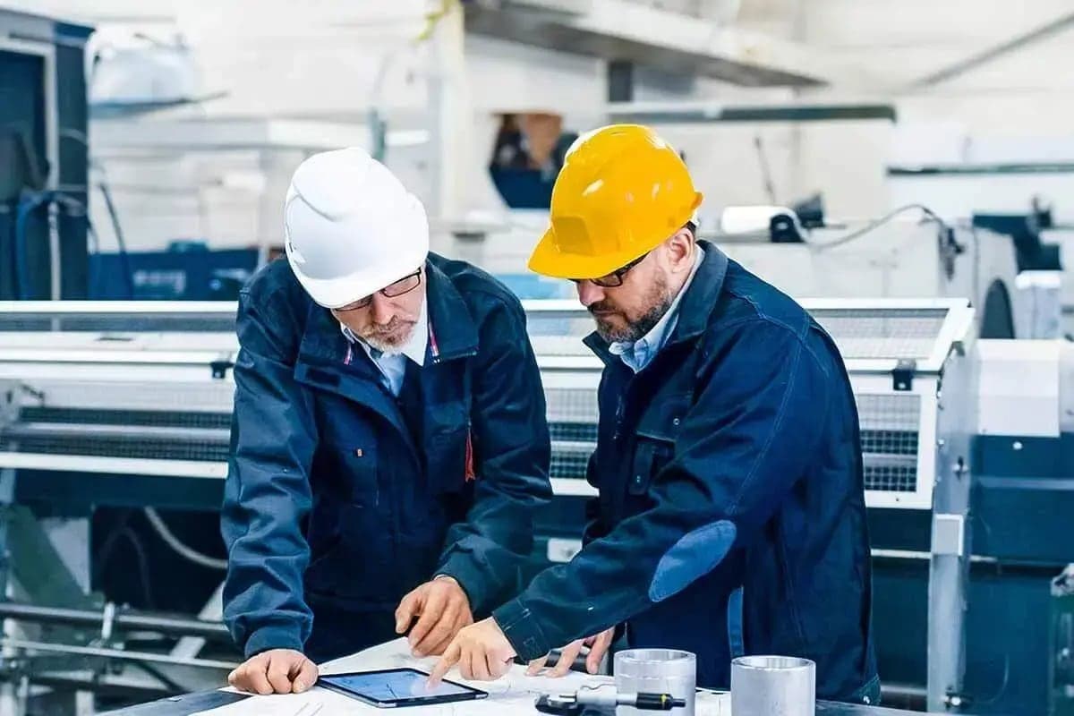Engineers reviewing documented handover material on a tablet inside a production facility
