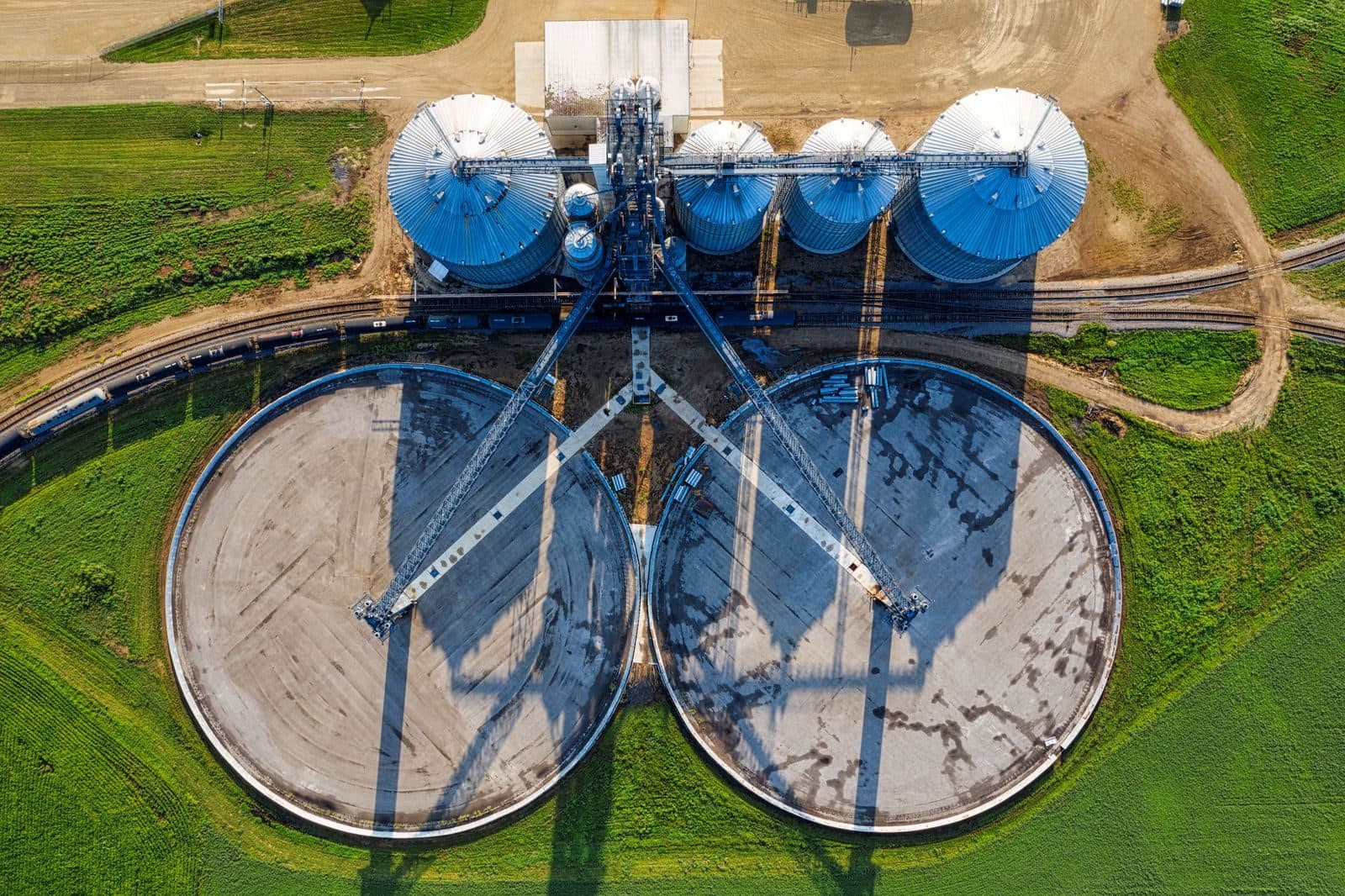 Aerial view of treatment tanks at a water-technology facility
